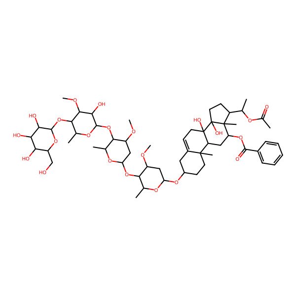 2D Structure of [(3S,8S,9R,10R,12R,13S,14R,17S)-17-[(1R)-1-acetyloxyethyl]-8,14-dihydroxy-3-[(2R,4R,5R)-5-[(2S,4R,5R)-5-[(2S,4R,5R)-3-hydroxy-4-methoxy-6-methyl-5-[(2S,4S,5S)-3,4,5-trihydroxy-6-(hydroxymethyl)oxan-2-yl]oxyoxan-2-yl]oxy-4-methoxy-6-methyloxan-2-yl]oxy-4-methoxy-6-methyloxan-2-yl]oxy-10,13-dimethyl-2,3,4,7,9,11,12,15,16,17-decahydro-1H-cyclopenta[a]phenanthren-12-yl] benzoate