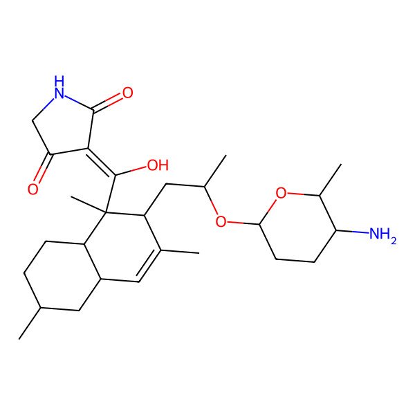 2D Structure of 3-[[2-[2-[(2R,5S)-5-amino-6-methyloxan-2-yl]oxypropyl]-1,3,6-trimethyl-4a,5,6,7,8,8a-hexahydro-2H-naphthalen-1-yl]-hydroxymethylidene]pyrrolidine-2,4-dione