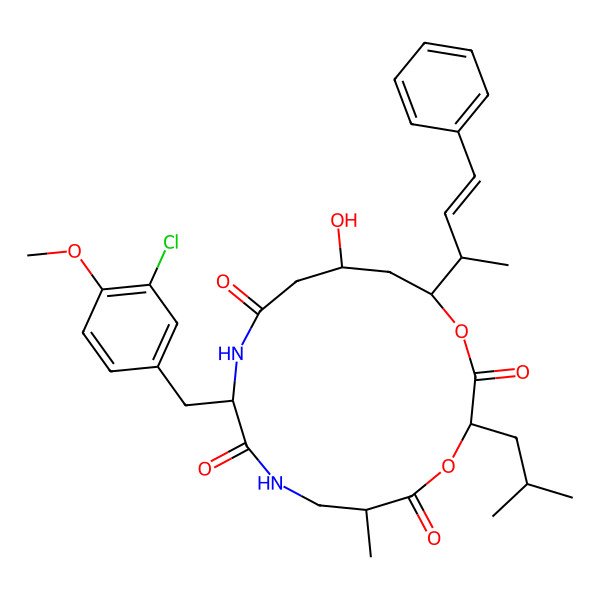 2D Structure of 10-[(3-Chloro-4-methoxyphenyl)methyl]-14-hydroxy-6-methyl-3-(2-methylpropyl)-16-(4-phenylbut-3-en-2-yl)-1,4-dioxa-8,11-diazacyclohexadecane-2,5,9,12-tetrone