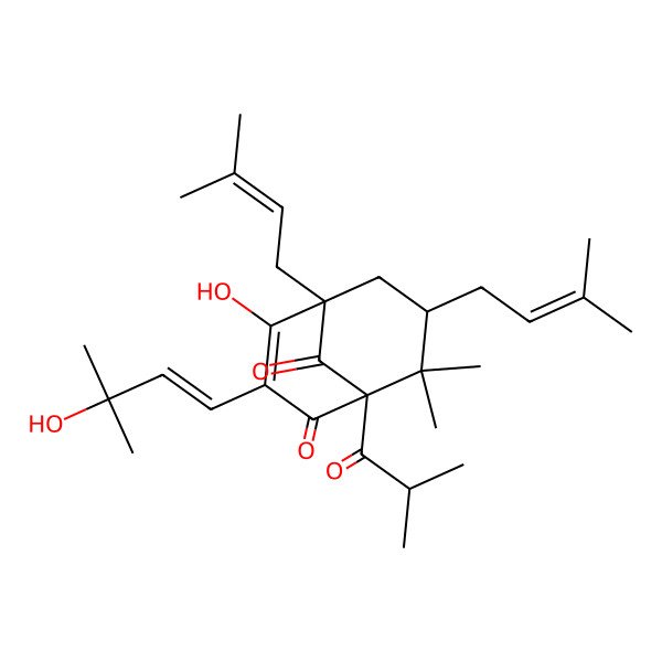 2D Structure of (1S,5R,7R)-4-hydroxy-3-[(Z)-3-hydroxy-3-methylbut-1-enyl]-8,8-dimethyl-5,7-bis(3-methylbut-2-enyl)-1-(2-methylpropanoyl)bicyclo[3.3.1]non-3-ene-2,9-dione