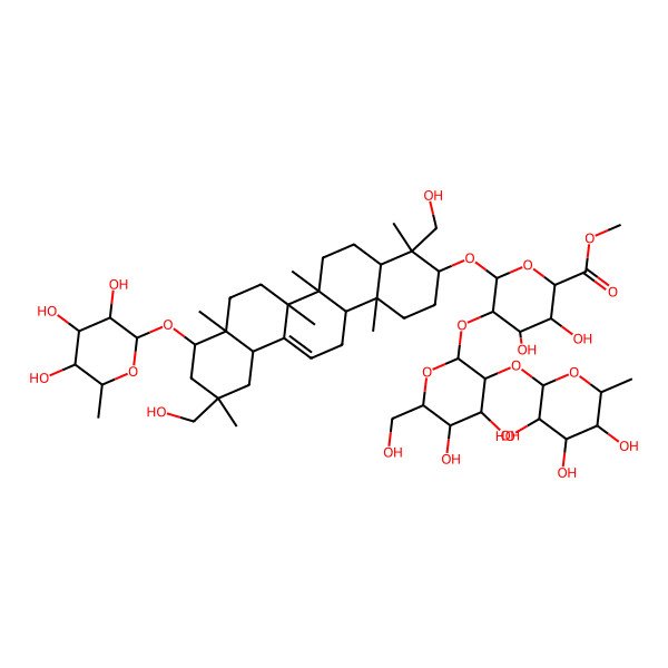 2D Structure of methyl (2S,3S,4S,5R,6R)-6-[[(3S,4S,4aR,6aR,6bS,8aR,9R,11S,12aS,14aR,14bR)-4,11-bis(hydroxymethyl)-4,6a,6b,8a,11,14b-hexamethyl-9-[(2S,3R,4R,5R,6S)-3,4,5-trihydroxy-6-methyloxan-2-yl]oxy-1,2,3,4a,5,6,7,8,9,10,12,12a,14,14a-tetradecahydropicen-3-yl]oxy]-5-[(2S,3R,4S,5R,6R)-4,5-dihydroxy-6-(hydroxymethyl)-3-[(2S,3R,4R,5R,6S)-3,4,5-trihydroxy-6-methyloxan-2-yl]oxyoxan-2-yl]oxy-3,4-dihydroxyoxane-2-carboxylate