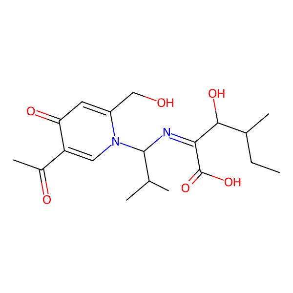 2D Structure of 2-[1-[5-Acetyl-2-(hydroxymethyl)-4-oxopyridin-1-yl]-2-methylpropyl]imino-3-hydroxy-4-methylhexanoic acid