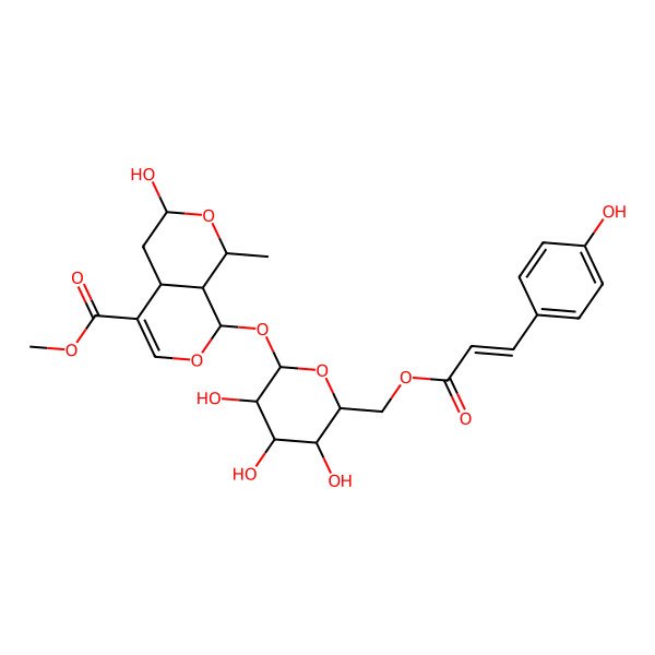 2D Structure of methyl (1S,3R,4aS,8R,8aS)-3-hydroxy-1-methyl-8-[(2S,3R,4S,5S,6R)-3,4,5-trihydroxy-6-[[(E)-3-(4-hydroxyphenyl)prop-2-enoyl]oxymethyl]oxan-2-yl]oxy-1,3,4,4a,8,8a-hexahydropyrano[3,4-c]pyran-5-carboxylate