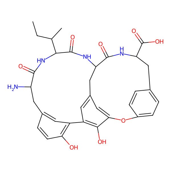 2D Structure of (14S,17S,20R,23R)-14-amino-17-[(2S)-butan-2-yl]-9,32-dihydroxy-15,18,21-trioxo-2-oxa-16,19,22-triazapentacyclo[23.2.2.13,7.15,20.18,12]dotriaconta-1(27),3,5,7(32),8,10,12(31),25,28-nonaene-23-carboxylic acid