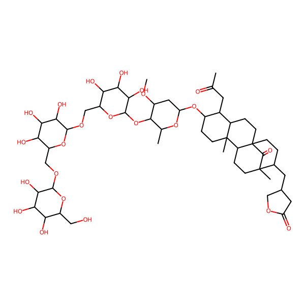 2D Structure of 4-[[(1R,4S,5R,6S,9S,10S,13R,14R)-6-[(2S,4R,5R,6R)-4-methoxy-6-methyl-5-[(2S,3R,4S,5S,6R)-3,4,5-trihydroxy-6-[[(2R,3R,4S,5S,6R)-3,4,5-trihydroxy-6-[[(2R,3R,4S,5S,6R)-3,4,5-trihydroxy-6-(hydroxymethyl)oxan-2-yl]oxymethyl]oxan-2-yl]oxymethyl]oxan-2-yl]oxyoxan-2-yl]oxy-9,13-dimethyl-17-oxo-5-(2-oxopropyl)-14-tetracyclo[11.3.1.01,10.04,9]heptadecanyl]methyl]oxolan-2-one