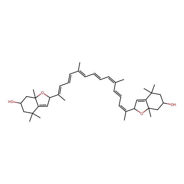 2D Structure of (6S,7aR)-2-[(2E,4E,6E,8E,10E,12E,14E)-15-[(6S,7aR)-6-hydroxy-4,4,7a-trimethyl-2,5,6,7-tetrahydro-1-benzofuran-2-yl]-6,11-dimethylhexadeca-2,4,6,8,10,12,14-heptaen-2-yl]-4,4,7a-trimethyl-2,5,6,7-tetrahydro-1-benzofuran-6-ol