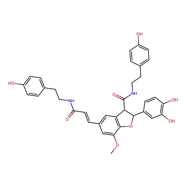 2D Structure of (2S,3S)-2-(3,4-dihydroxyphenyl)-N-[2-(4-hydroxyphenyl)ethyl]-5-[(E)-3-[2-(4-hydroxyphenyl)ethylamino]-3-oxoprop-1-enyl]-7-methoxy-2,3-dihydro-1-benzofuran-3-carboxamide