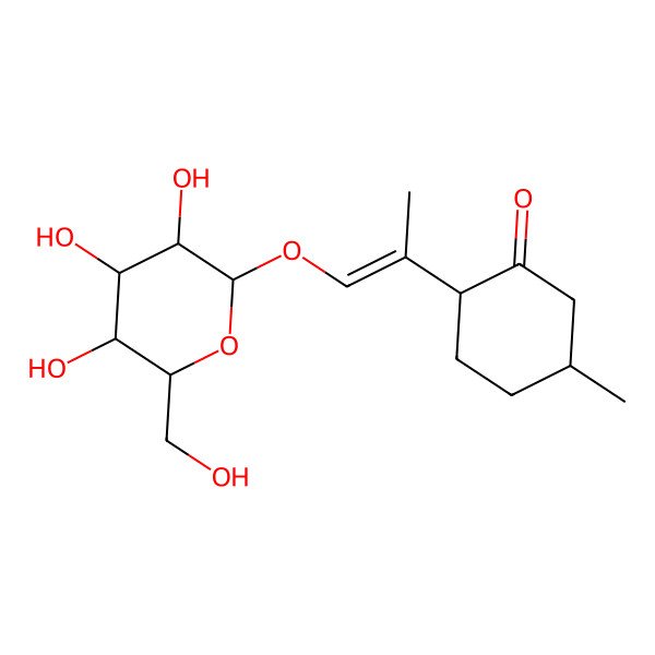 2D Structure of (2R,5S)-5-methyl-2-[(E)-1-[(2R,3R,4S,5S,6R)-3,4,5-trihydroxy-6-(hydroxymethyl)oxan-2-yl]oxyprop-1-en-2-yl]cyclohexan-1-one