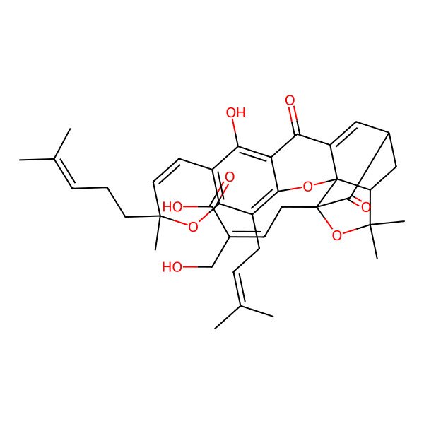 2D Structure of 2-(Hydroxymethyl)-4-[12-hydroxy-8,21,21-trimethyl-5-(3-methylbut-2-enyl)-8-(4-methylpent-3-enyl)-14,18-dioxo-3,7,20-trioxahexacyclo[15.4.1.02,15.02,19.04,13.06,11]docosa-4(13),5,9,11,15-pentaen-19-yl]but-2-enoic acid