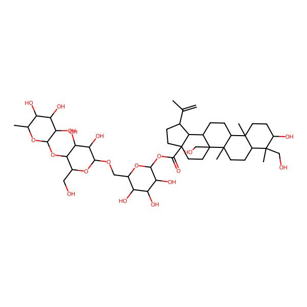 2D Structure of [(2S,3R,4S,5S,6R)-6-[[(2R,3R,4R,5S,6R)-3,4-dihydroxy-6-(hydroxymethyl)-5-[(2S,3R,4R,5R,6S)-3,4,5-trihydroxy-6-methyloxan-2-yl]oxyoxan-2-yl]oxymethyl]-3,4,5-trihydroxyoxan-2-yl] (1R,3aS,5aS,5bR,7aR,8R,9S,11aR,11bR,13aR,13bR)-9-hydroxy-5a,8-bis(hydroxymethyl)-5b,8,11a-trimethyl-1-prop-1-en-2-yl-1,2,3,4,5,6,7,7a,9,10,11,11b,12,13,13a,13b-hexadecahydrocyclopenta[a]chrysene-3a-carboxylate