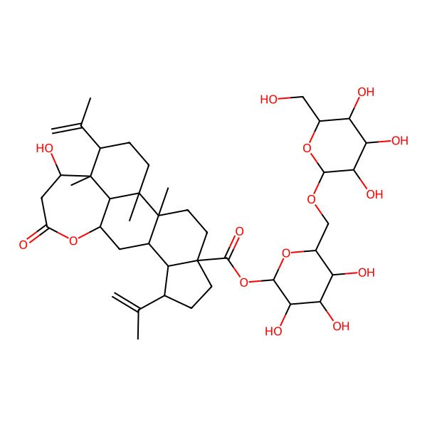 2D Structure of [(2S,3R,4S,5S,6R)-3,4,5-trihydroxy-6-[[(2R,3R,4S,5S,6R)-3,4,5-trihydroxy-6-(hydroxymethyl)oxan-2-yl]oxymethyl]oxan-2-yl] (1R,2R,5R,8R,9R,10S,12R,16R,17R,18R,21R)-16-hydroxy-1,2,17-trimethyl-14-oxo-8,18-bis(prop-1-en-2-yl)-13-oxapentacyclo[10.8.1.02,10.05,9.017,21]henicosane-5-carboxylate