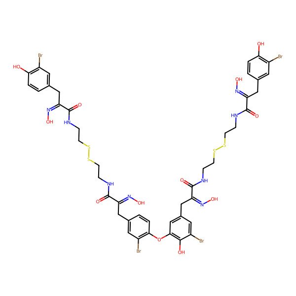 2D Structure of N-[2-[2-[[3-[3-bromo-4-[3-bromo-5-[3-[2-[2-[[3-(3-bromo-4-hydroxyphenyl)-2-hydroxyiminopropanoyl]amino]ethyldisulfanyl]ethylamino]-2-hydroxyimino-3-oxopropyl]-2-hydroxyphenoxy]phenyl]-2-hydroxyiminopropanoyl]amino]ethyldisulfanyl]ethyl]-3-(3-bromo-4-hydroxyphenyl)-2-hydroxyiminopropanamide