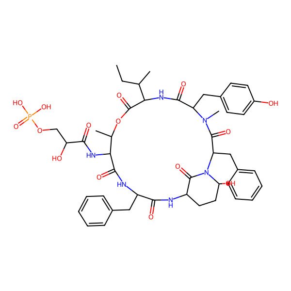 2D Structure of [3-[[2,15-Dibenzyl-8-butan-2-yl-21-hydroxy-5-[(4-hydroxyphenyl)methyl]-4,11-dimethyl-3,6,9,13,16,22-hexaoxo-10-oxa-1,4,7,14,17-pentazabicyclo[16.3.1]docosan-12-yl]amino]-2-hydroxy-3-oxopropyl] dihydrogen phosphate