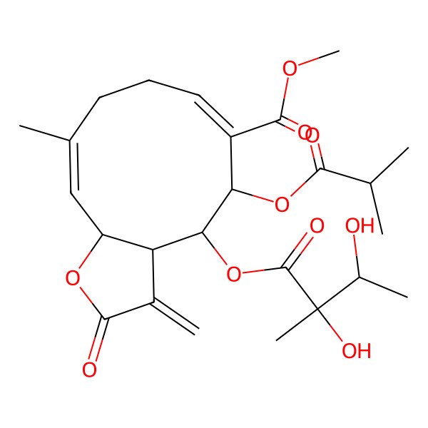 2D Structure of Methyl 4-(2,3-dihydroxy-2-methylbutanoyl)oxy-10-methyl-3-methylidene-5-(2-methylpropanoyloxy)-2-oxo-3a,4,5,8,9,11a-hexahydrocyclodeca[b]furan-6-carboxylate