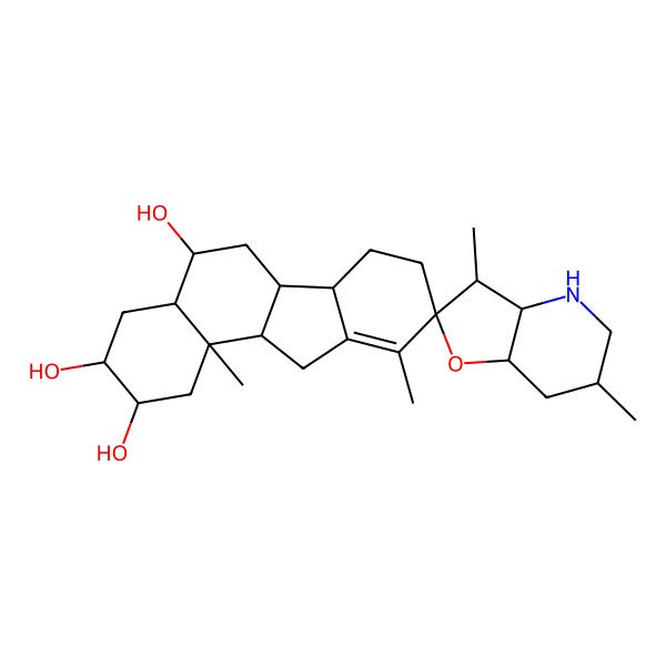 2D Structure of (2S,3S,3'R,3'aS,4aS,5R,6'S,6aR,6bS,7'aR,9R,11aS,11bR)-3',6',10,11b-tetramethylspiro[2,3,4,4a,5,6,6a,6b,7,8,11,11a-dodecahydro-1H-benzo[a]fluorene-9,2'-3a,4,5,6,7,7a-hexahydro-3H-furo[3,2-b]pyridine]-2,3,5-triol