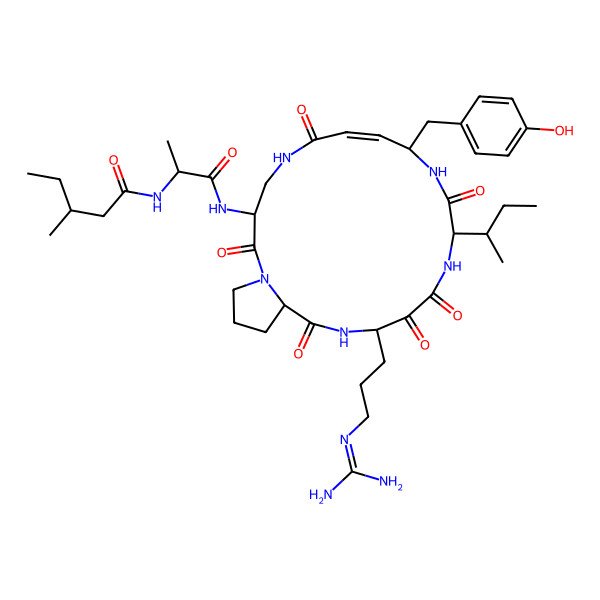 2D Structure of (3R)-N-[(2S)-1-[[(3R,7E,9R,12R,16R,19R)-12-[(2R)-butan-2-yl]-16-[3-(diaminomethylideneamino)propyl]-9-[(4-hydroxyphenyl)methyl]-2,6,11,14,15,18-hexaoxo-1,5,10,13,17-pentazabicyclo[17.3.0]docos-7-en-3-yl]amino]-1-oxopropan-2-yl]-3-methylpentanamide