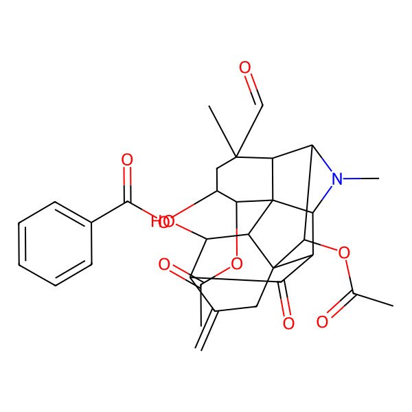 2D Structure of [(1R,2R,3R,4S,5R,7R,8S,9R,11R,12S,14R,17S,18R)-4,17-diacetyloxy-7-formyl-18-hydroxy-7,10-dimethyl-15-methylidene-13-oxo-10-azahexacyclo[7.7.1.12,14.01,12.03,8.03,11]octadecan-5-yl] benzoate