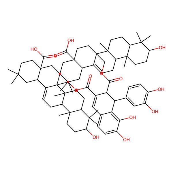 2D Structure of 6a-[[3-[(4a-Carboxy-10-hydroxy-2,2,6b,9,9,12a-hexamethyl-1,3,4,5,6,6a,7,8,8a,10,11,12,13,14b-tetradecahydropicen-6a-yl)methoxycarbonyl]-1-(3,4-dihydroxyphenyl)-7,8-dihydroxy-1,2-dihydronaphthalene-2-carbonyl]oxymethyl]-10-hydroxy-2,2,6b,9,9,12a-hexamethyl-1,3,4,5,6,6a,7,8,8a,10,11,12,13,14b-tetradecahydropicene-4a-carboxylic acid