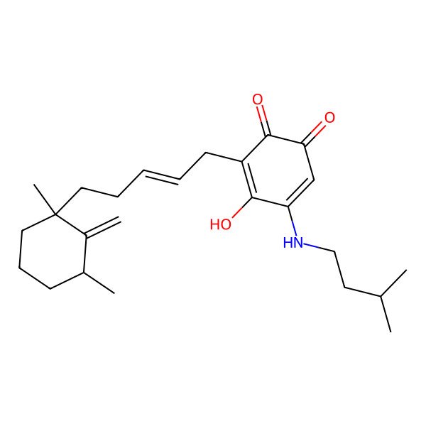 2D Structure of 3-[(E)-5-[(1R,3R)-1,3-dimethyl-2-methylidenecyclohexyl]pent-2-enyl]-4-hydroxy-5-(3-methylbutylamino)cyclohexa-3,5-diene-1,2-dione
