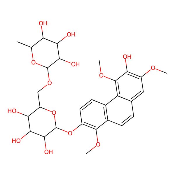 2D Structure of 2-Methyl-6-[[3,4,5-trihydroxy-6-(6-hydroxy-1,5,7-trimethoxyphenanthren-2-yl)oxyoxan-2-yl]methoxy]oxane-3,4,5-triol