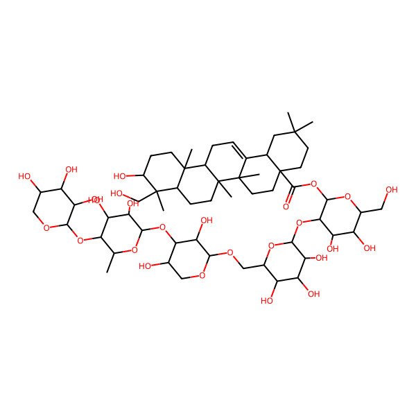 2D Structure of [3-[6-[[4-[3,4-Dihydroxy-6-methyl-5-(3,4,5-trihydroxyoxan-2-yl)oxyoxan-2-yl]oxy-3,5-dihydroxyoxan-2-yl]oxymethyl]-3,4,5-trihydroxyoxan-2-yl]oxy-4,5-dihydroxy-6-(hydroxymethyl)oxan-2-yl] 10-hydroxy-9-(hydroxymethyl)-2,2,6a,6b,9,12a-hexamethyl-1,3,4,5,6,6a,7,8,8a,10,11,12,13,14b-tetradecahydropicene-4a-carboxylate