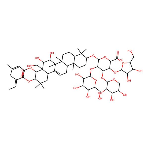 2D Structure of (2S,3S,4S,5R,6R)-6-[[(3S,4aR,6aR,6bS,7R,8S,8aR,9R,10R,12aS,14aR,14bR)-7,8-dihydroxy-8a-(hydroxymethyl)-4,4,6a,6b,11,11,14b-heptamethyl-10-[(Z)-2-methylbut-2-enoyl]oxy-9-(3-methylbut-2-enoyloxy)-1,2,3,4a,5,6,7,8,9,10,12,12a,14,14a-tetradecahydropicen-3-yl]oxy]-3-[(2S,3R,4R,5S)-3,4-dihydroxy-5-(hydroxymethyl)oxolan-2-yl]oxy-5-[(2S,3R,4S,5S,6R)-3,4,5-trihydroxy-6-(hydroxymethyl)oxan-2-yl]oxy-4-[(2R,3S,4R,5R)-3,4,5-trihydroxyoxan-2-yl]oxyoxane-2-carboxylic acid