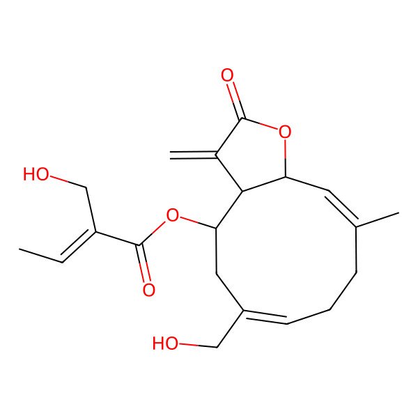2D Structure of [(3aR,4R,6Z,10E,11aR)-6-(hydroxymethyl)-10-methyl-3-methylidene-2-oxo-3a,4,5,8,9,11a-hexahydrocyclodeca[b]furan-4-yl] (E)-2-(hydroxymethyl)but-2-enoate