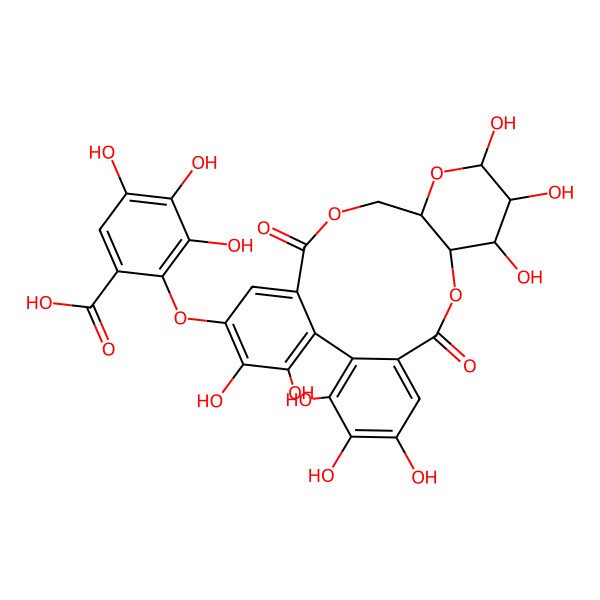2D Structure of 3,4,5-trihydroxy-2-[[(10S,11R,12R,13R,15R)-3,4,5,11,12,13,22,23-octahydroxy-8,18-dioxo-9,14,17-trioxatetracyclo[17.4.0.02,7.010,15]tricosa-1(23),2,4,6,19,21-hexaen-21-yl]oxy]benzoic acid