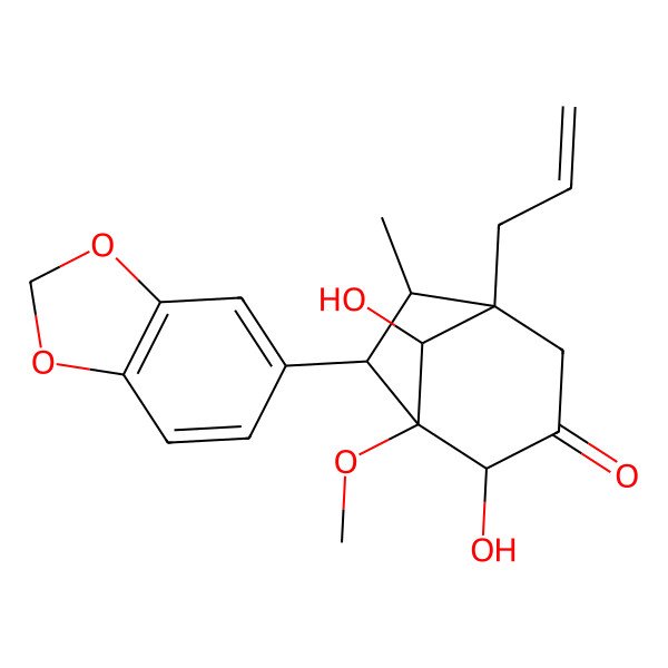 2D Structure of (1S,2R,5S,6S,7R,8S)-7-(1,3-benzodioxol-5-yl)-2,8-dihydroxy-1-methoxy-6-methyl-5-prop-2-enylbicyclo[3.2.1]octan-3-one
