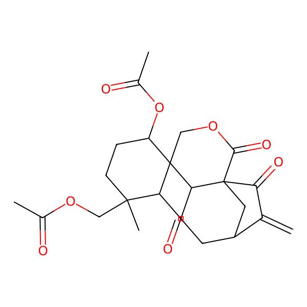 2D Structure of (4'-Acetyloxy-2'-formyl-1'-methyl-10-methylidene-2,11-dioxospiro[3-oxatricyclo[7.2.1.01,6]dodecane-5,3'-cyclohexane]-1'-yl)methyl acetate