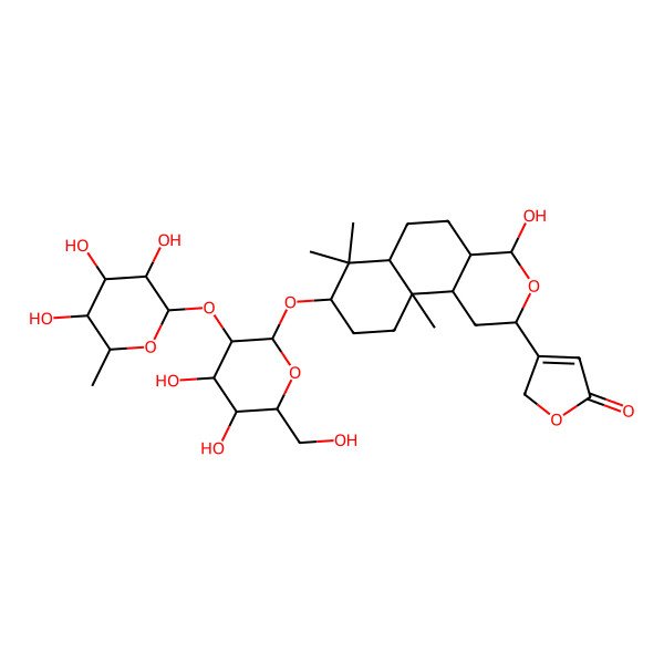 2D Structure of 3-[(2S,4R,4aS,6aR,8S,10aS,10bS)-8-[(2R,3R,4S,5S,6R)-4,5-dihydroxy-6-(hydroxymethyl)-3-[(2S,3R,4R,5R,6S)-3,4,5-trihydroxy-6-methyloxan-2-yl]oxyoxan-2-yl]oxy-4-hydroxy-7,7,10a-trimethyl-2,4,4a,5,6,6a,8,9,10,10b-decahydro-1H-benzo[f]isochromen-2-yl]-2H-furan-5-one