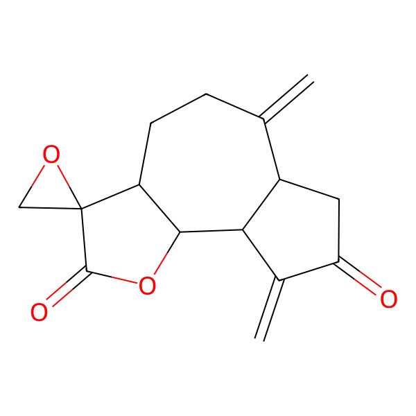 2D Structure of (3R,3aR,6aR,9aR,9bR)-6,9-dimethylidenespiro[4,5,6a,7,9a,9b-hexahydro-3aH-azuleno[4,5-b]furan-3,2'-oxirane]-2,8-dione