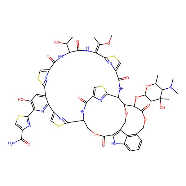 2D Structure of 2-[(1S,18S,21E,28R,29S,30S)-30-[(2R,4R,5R,6R)-5-(dimethylamino)-4-hydroxy-4,6-dimethyloxan-2-yl]oxy-9-hydroxy-18-[(1S)-1-hydroxyethyl]-21-(1-methoxyethylidene)-16,19,26,31,42,46-hexaoxo-32,43,54-trioxa-3,13,23,49-tetrathia-7,17,20,27,45,51,52,55,56,57-decazadecacyclo[26.16.6.229,40.12,5.112,15.122,25.138,41.147,50.06,11.034,39]heptapentaconta-2(57),4,6,8,10,12(56),14,22(55),24,34(39),35,37,40,47,50-pentadecaen-8-yl]-1,3-thiazole-4-carboxamide