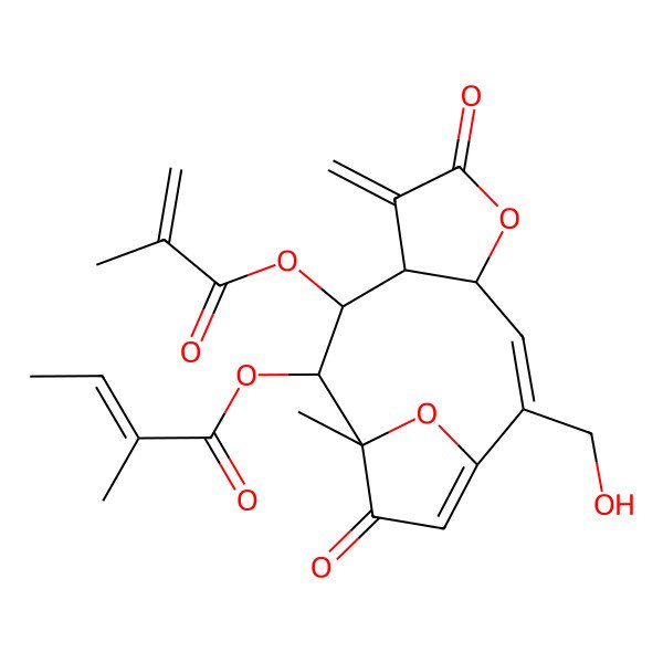 2D Structure of [(2E,4S,8S,9R,10S,11S)-2-(hydroxymethyl)-11-methyl-7-methylidene-9-(2-methylprop-2-enoyloxy)-6,12-dioxo-5,14-dioxatricyclo[9.2.1.04,8]tetradeca-1(13),2-dien-10-yl] (E)-2-methylbut-2-enoate