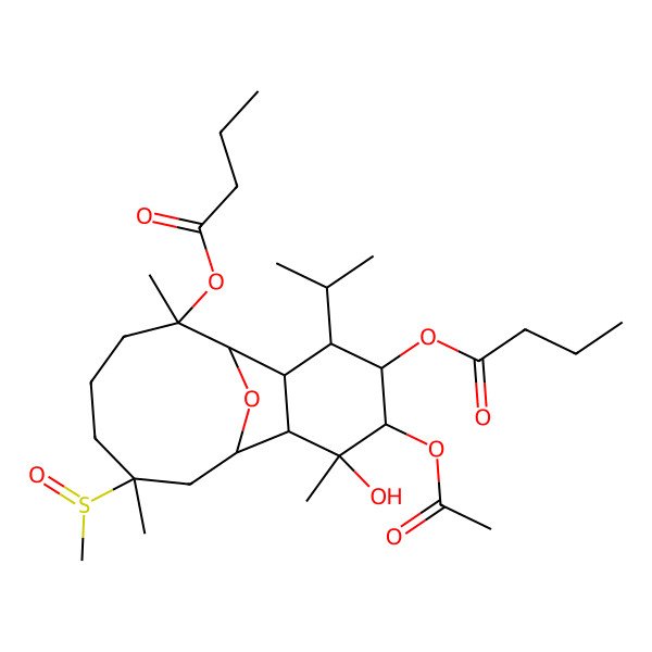 2D Structure of (5-Acetyloxy-14-butanoyloxy-6-hydroxy-6,10,14-trimethyl-10-methylsulfinyl-3-propan-2-yl-15-oxatricyclo[6.6.1.02,7]pentadecan-4-yl) butanoate