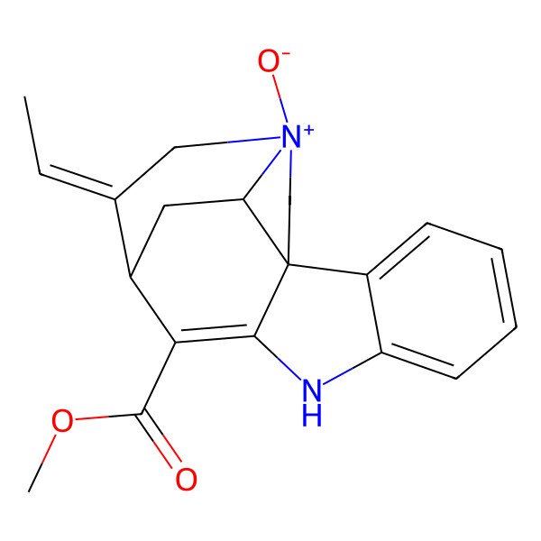 2D Structure of methyl (1R,11S,12E,17S)-12-ethylidene-14-oxido-8-aza-14-azoniapentacyclo[9.5.2.01,9.02,7.014,17]octadeca-2,4,6,9-tetraene-10-carboxylate