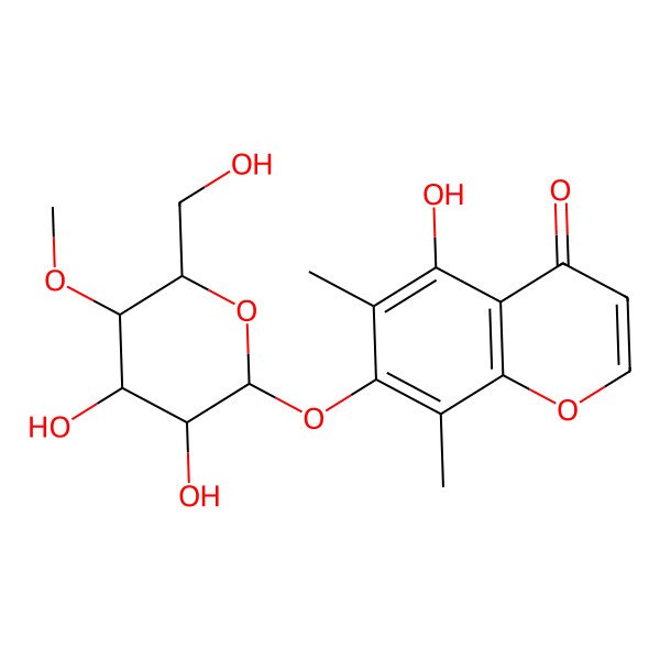 2D Structure of 7-[(3R,4R,5S,6R)-3,4-dihydroxy-6-(hydroxymethyl)-5-methoxyoxan-2-yl]oxy-5-hydroxy-6,8-dimethylchromen-4-one