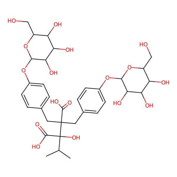 2D Structure of (2S)-2-hydroxy-2-propan-2-yl-3,3-bis[[4-[(2S,3R,4S,5S,6R)-3,4,5-trihydroxy-6-(hydroxymethyl)oxan-2-yl]oxyphenyl]methyl]butanedioic acid
