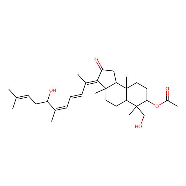 2D Structure of [(3Z,3aS,5aR,6S,7S,9aR,9bS)-3-[(7S)-7-hydroxy-6,10-dimethylundeca-3,5,9-trien-2-ylidene]-6-(hydroxymethyl)-3a,6,9a-trimethyl-2-oxo-1,4,5,5a,7,8,9,9b-octahydrocyclopenta[a]naphthalen-7-yl] acetate