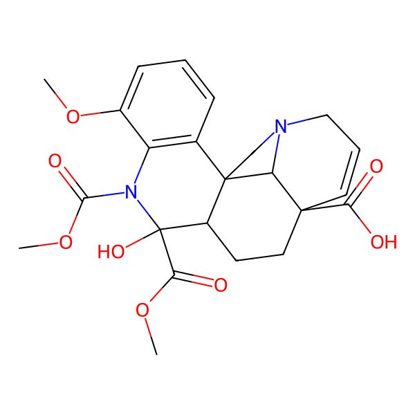 2D Structure of (1S,9R,10R,13S,20S)-9-hydroxy-6-methoxy-8,9-bis(methoxycarbonyl)-8,17-diazapentacyclo[11.6.1.01,10.02,7.017,20]icosa-2(7),3,5,14-tetraene-13-carboxylic acid