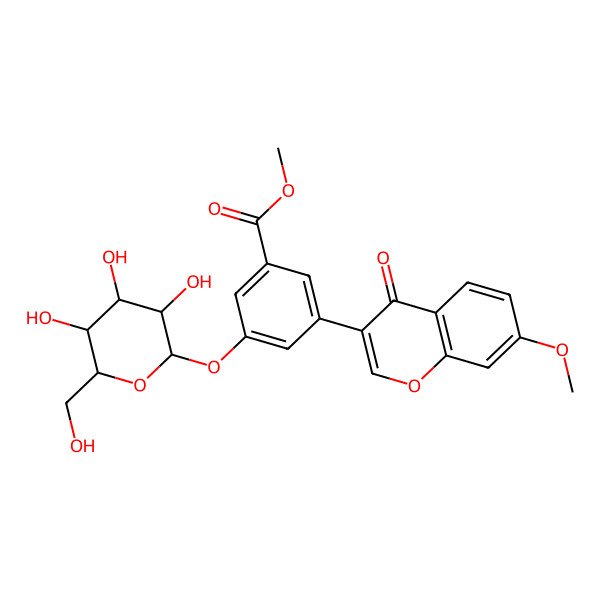 2D Structure of methyl 3-(7-methoxy-4-oxochromen-3-yl)-5-[(2S,3R,4S,5S,6R)-3,4,5-trihydroxy-6-(hydroxymethyl)oxan-2-yl]oxybenzoate