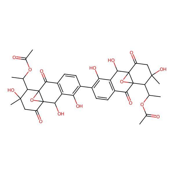 2D Structure of [(1R)-1-[(1R,2R,10R,11S,12S)-5-[(1R,2R,10R,12S)-11-[(1R)-1-acetyloxyethyl]-2,4,12-trihydroxy-12-methyl-9,14-dioxo-15-oxatetracyclo[8.4.1.01,10.03,8]pentadeca-3(8),4,6-trien-5-yl]-2,4,12-trihydroxy-12-methyl-9,14-dioxo-15-oxatetracyclo[8.4.1.01,10.03,8]pentadeca-3(8),4,6-trien-11-yl]ethyl] acetate
