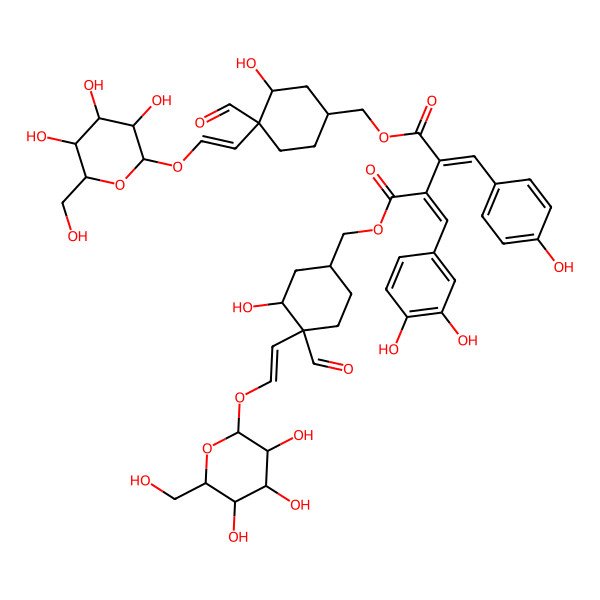 2D Structure of bis[[(1S,3S,4S)-4-formyl-3-hydroxy-4-[2-[(2R,3R,4S,5S,6R)-3,4,5-trihydroxy-6-(hydroxymethyl)oxan-2-yl]oxyethenyl]cyclohexyl]methyl] (2E)-2-[(3,4-dihydroxyphenyl)methylidene]-3-[(4-hydroxyphenyl)methylidene]butanedioate