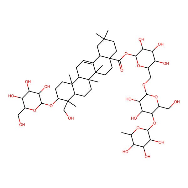 2D Structure of [6-[[3,4-Dihydroxy-6-(hydroxymethyl)-5-(3,4,5-trihydroxy-6-methyloxan-2-yl)oxyoxan-2-yl]oxymethyl]-3,4,5-trihydroxyoxan-2-yl] 9-(hydroxymethyl)-2,2,6a,6b,9,12a-hexamethyl-10-[3,4,5-trihydroxy-6-(hydroxymethyl)oxan-2-yl]oxy-1,3,4,5,6,6a,7,8,8a,10,11,12,13,14b-tetradecahydropicene-4a-carboxylate