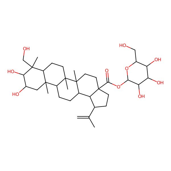 2D Structure of [(2S,3R,4S,5S,6R)-3,4,5-trihydroxy-6-(hydroxymethyl)oxan-2-yl] (1R,3aS,5aR,5bR,7aR,8S,9R,10R,11aR,11bR,13aR,13bR)-9,10-dihydroxy-8-(hydroxymethyl)-5a,5b,8,11a-tetramethyl-1-prop-1-en-2-yl-1,2,3,4,5,6,7,7a,9,10,11,11b,12,13,13a,13b-hexadecahydrocyclopenta[a]chrysene-3a-carboxylate