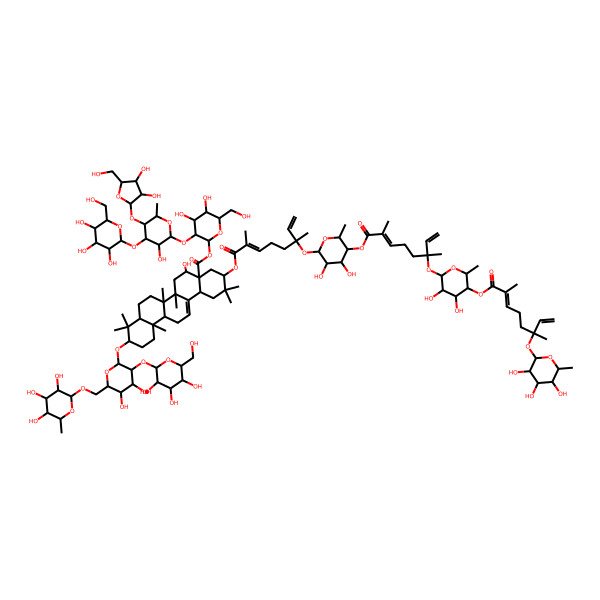 2D Structure of [(2S,3R,4S,5S,6R)-3-[(2S,3R,4S,5S,6S)-5-[(2S,3R,4R,5S)-3,4-dihydroxy-5-(hydroxymethyl)oxolan-2-yl]oxy-3-hydroxy-6-methyl-4-[(2S,3R,4S,5S,6R)-3,4,5-trihydroxy-6-(hydroxymethyl)oxan-2-yl]oxyoxan-2-yl]oxy-4,5-dihydroxy-6-(hydroxymethyl)oxan-2-yl] (3S,4aR,5R,6aR,6aS,6bR,8aR,10S,12aR,14bS)-10-[(2R,3R,4S,5S,6R)-4,5-dihydroxy-3-[(2S,3R,4S,5S,6R)-3,4,5-trihydroxy-6-(hydroxymethyl)oxan-2-yl]oxy-6-[[(2R,3R,4S,5R,6R)-3,4,5-trihydroxy-6-methyloxan-2-yl]oxymethyl]oxan-2-yl]oxy-3-[(2E,6S)-6-[(2S,3R,4R,5S,6R)-5-[(2E,6S)-6-[(2S,3R,4R,5S,6R)-5-[(2E,6S)-2,6-dimethyl-6-[(2S,3R,4S,5S,6R)-3,4,5-trihydroxy-6-methyloxan-2-yl]oxyocta-2,7-dienoyl]oxy-3,4-dihydroxy-6-methyloxan-2-yl]oxy-2,6-dimethylocta-2,7-dienoyl]oxy-3,4-dihydroxy-6-methyloxan-2-yl]oxy-2,6-dimethylocta-2,7-dienoyl]oxy-5-hydroxy-2,2,6a,6b,9,9,12a-heptamethyl-1,3,4,5,6,6a,7,8,8a,10,11,12,13,14b-tetradecahydropicene-4a-carboxylate