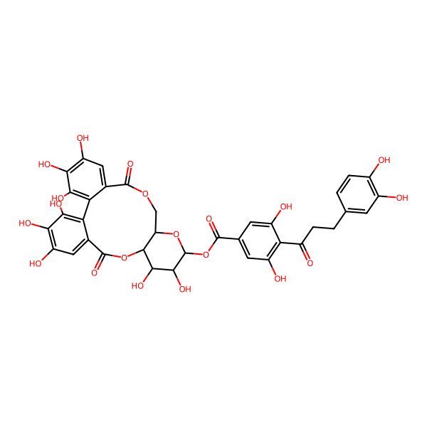 2D Structure of [(10S,11R,12R,13S,15R)-3,4,5,11,12,21,22,23-octahydroxy-8,18-dioxo-9,14,17-trioxatetracyclo[17.4.0.02,7.010,15]tricosa-1(23),2,4,6,19,21-hexaen-13-yl] 4-[3-(3,4-dihydroxyphenyl)propanoyl]-3,5-dihydroxybenzoate