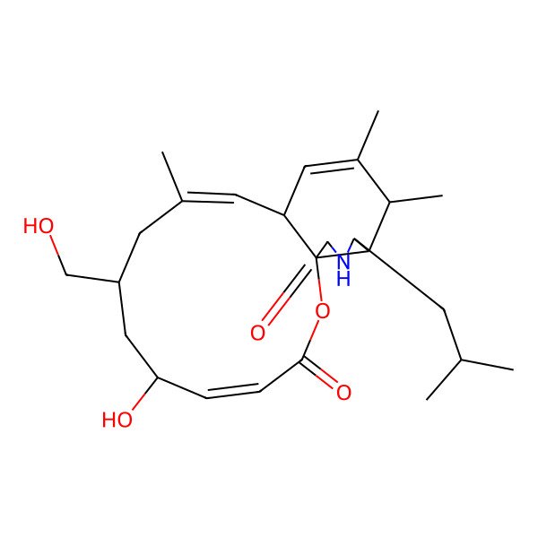2D Structure of 6-Hydroxy-8-(hydroxymethyl)-10,14,15-trimethyl-17-(2-methylpropyl)-2-oxa-18-azatricyclo[10.7.0.01,16]nonadeca-4,10,13-triene-3,19-dione