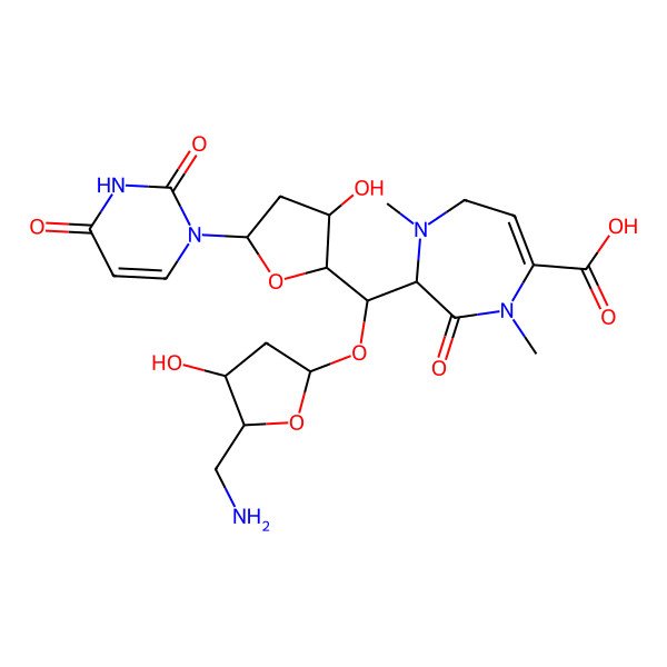 2D Structure of 2-[[5-(Aminomethyl)-4-hydroxyoxolan-2-yl]oxy-[5-(2,4-dioxopyrimidin-1-yl)-3-hydroxyoxolan-2-yl]methyl]-1,4-dimethyl-3-oxo-2,7-dihydro-1,4-diazepine-5-carboxylic acid