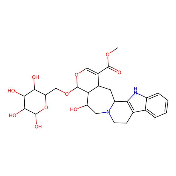 2D Structure of Methyl 15-hydroxy-17-[(3,4,5,6-tetrahydroxyoxan-2-yl)methoxy]-18-oxa-3,13-diazapentacyclo[11.9.0.02,10.04,9.016,21]docosa-2(10),4,6,8,19-pentaene-20-carboxylate